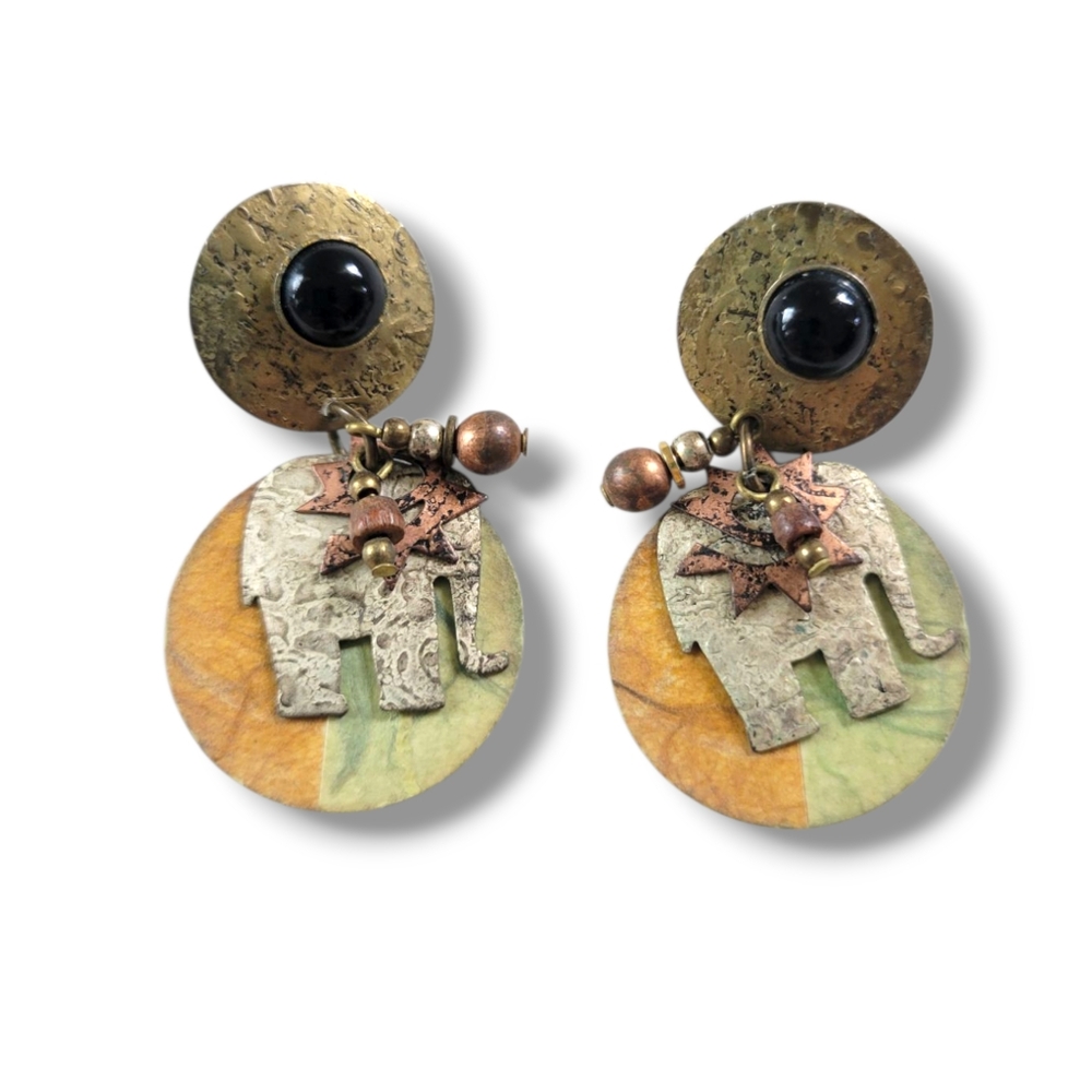 NWOT Artisan Boho Multi Tone Abstract Metal Elephant Disc Drop Earrings - Picture 1 of 5